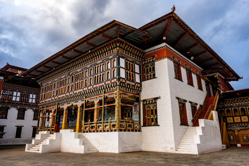 Beautiful Buddhist temple complex inside of the Fortress of the Glorious Religion in Thimphu Bhutan