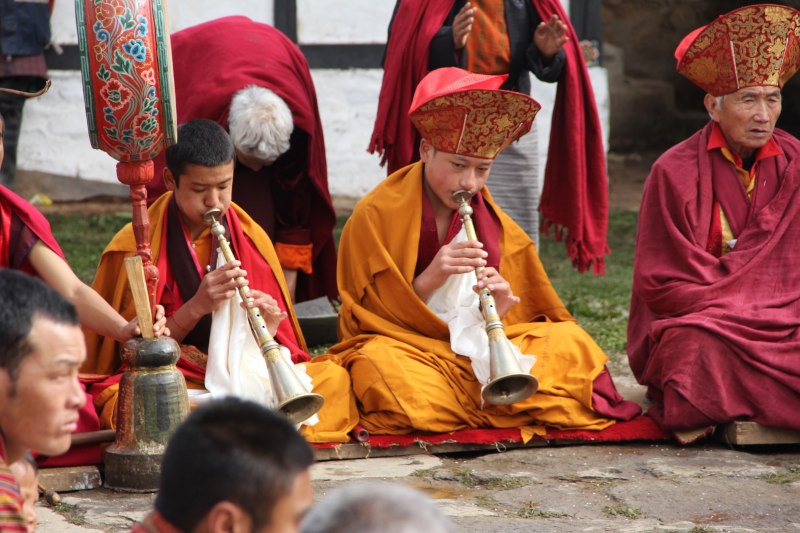 Bhutanese Monks Playing Traditional Instruments