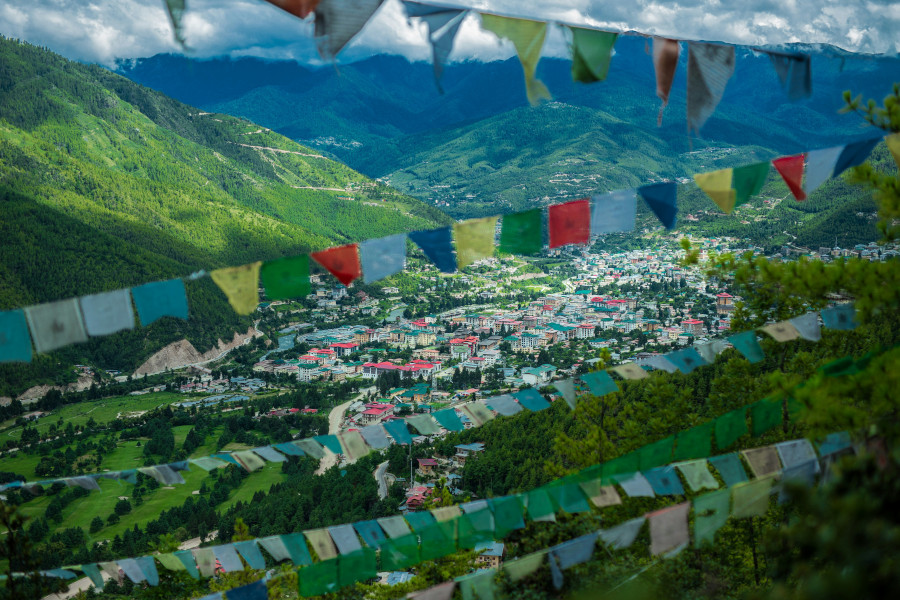 thimphu view with prayer flags
