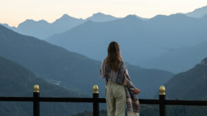 woman looking at mountain view in Bhutan